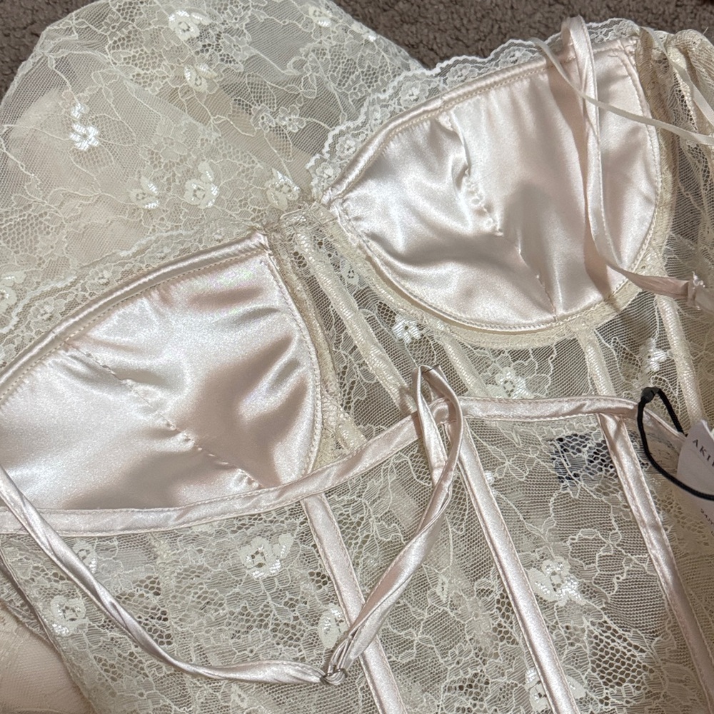 NWT AKIRA Brunchin Lace Mini Dress-Sz 1X-Cream Floral Overlay-Sheer Corset Top - Picture 15 of 15